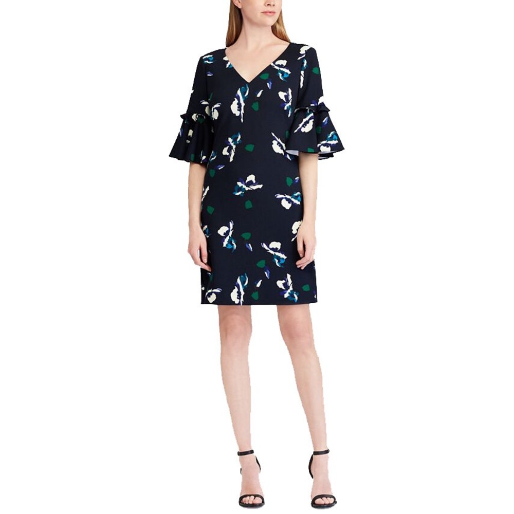 Ralph Lauren Navy Floral Ruffle Sleeve Dress Size 6 Elegant Shift Dress NWT
